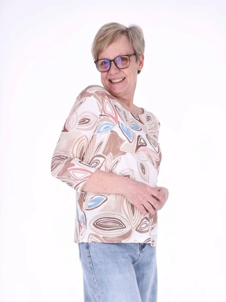 Damen Shirt mit 3/4-Ärmeln und Allover-Print – Beige