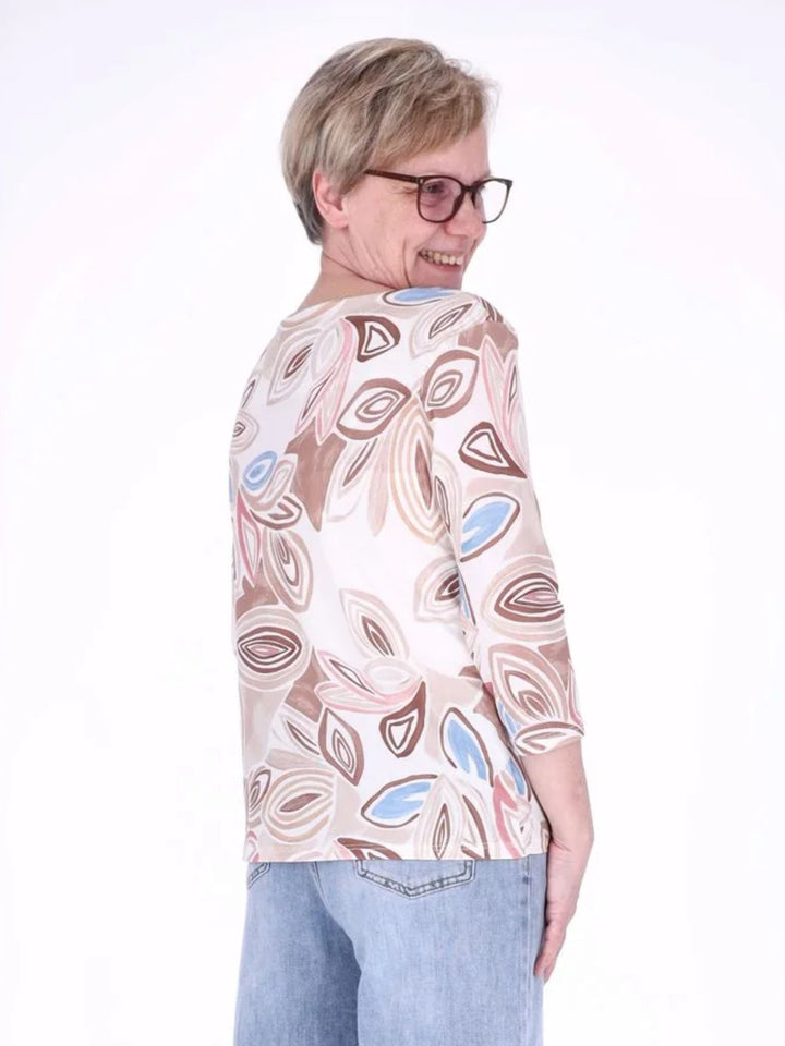 Damen Shirt mit 3/4-Ärmeln und Allover-Print – Beige