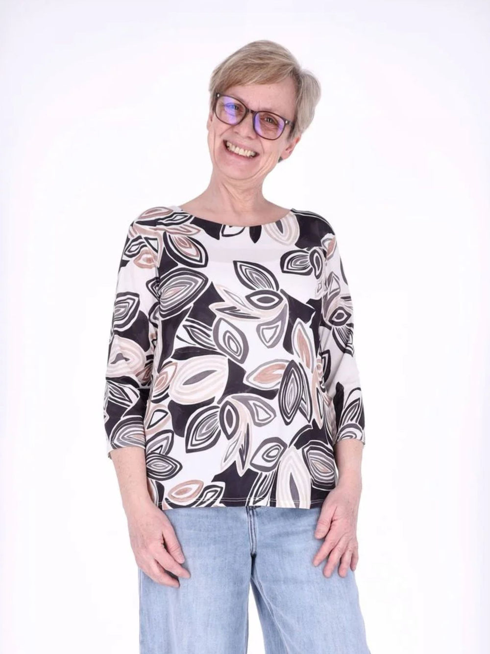 Damen Shirt mit 3/4-Ärmeln und Allover-Print – Schwarz