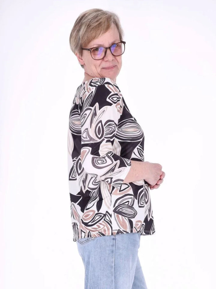 Damen Shirt mit 3/4-Ärmeln und Allover-Print – Schwarz