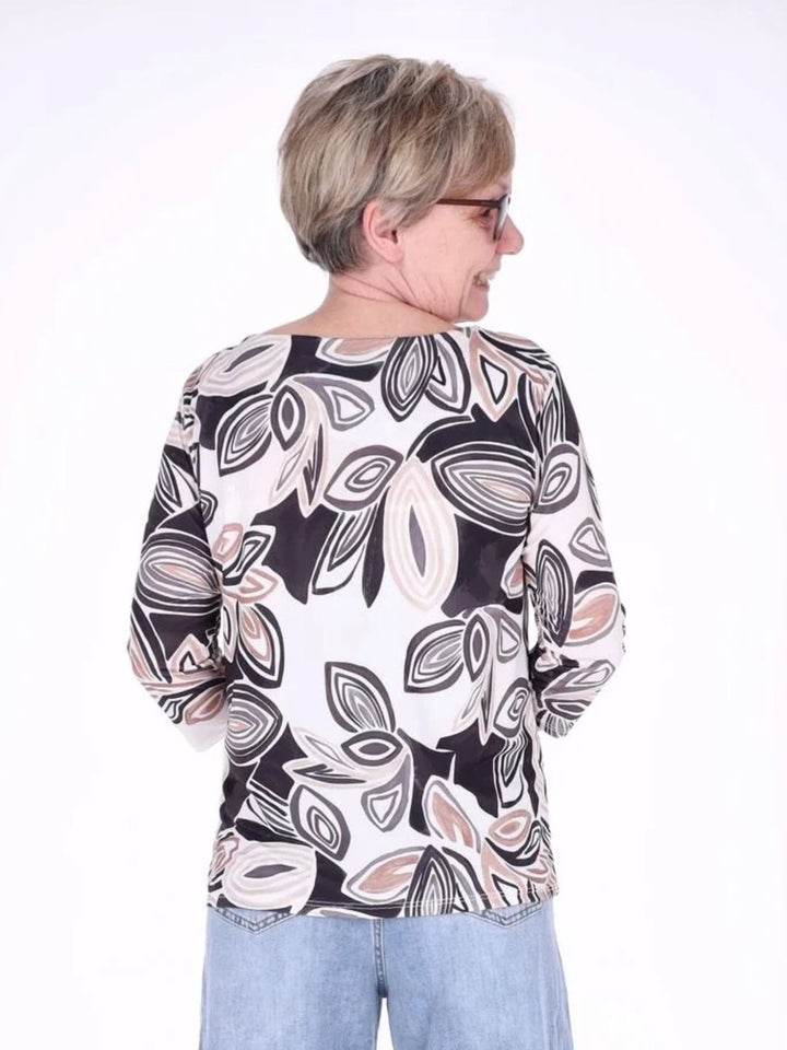 Damen Shirt mit 3/4-Ärmeln und Allover-Print – Schwarz