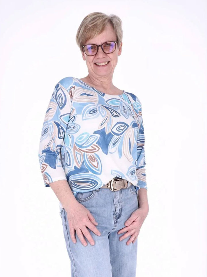 Damen Shirt mit 3/4-Ärmeln und Allover-Print – Hellblau
