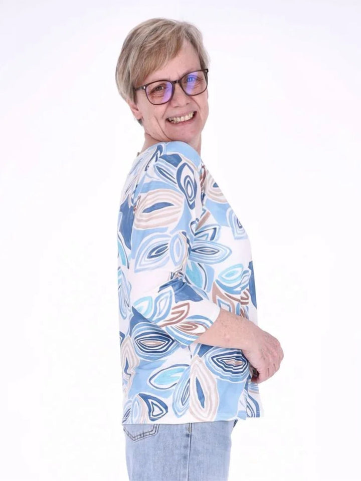 Damen Shirt mit 3/4-Ärmeln und Allover-Print – Hellblau