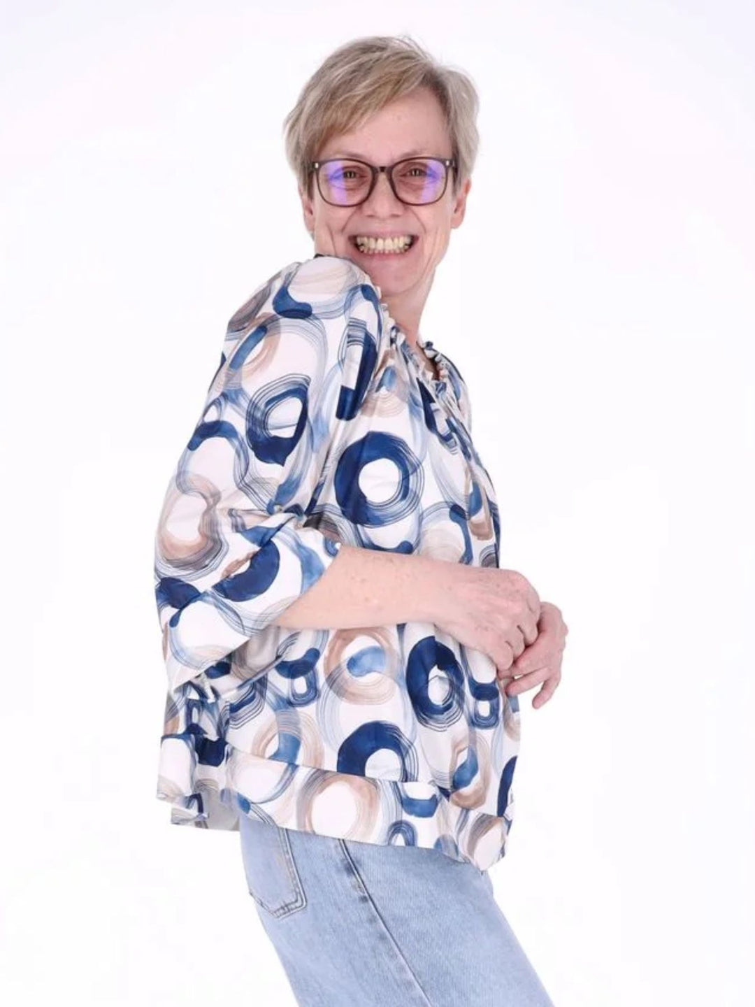 Damen Carmen-Shirt mit Allover-Print und 3/4-Ärmeln – Navy
