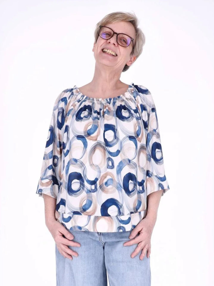 Damen Carmen-Shirt mit Allover-Print und 3/4-Ärmeln – Navy