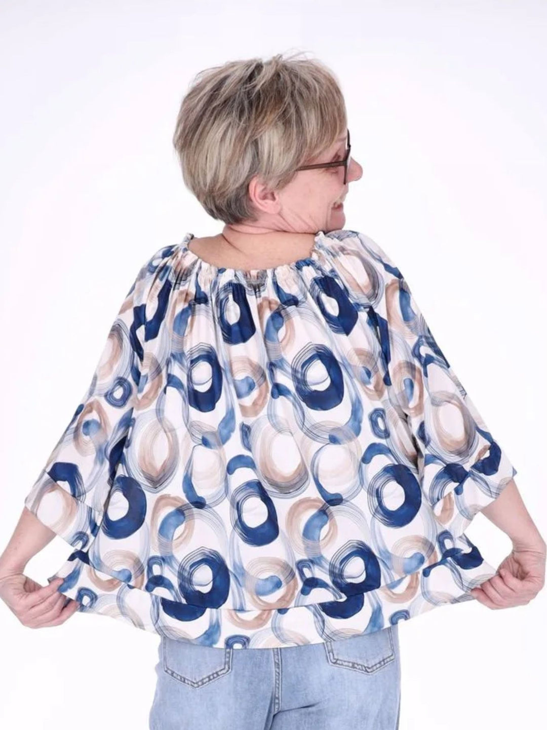 Damen Carmen-Shirt mit Allover-Print und 3/4-Ärmeln – Navy