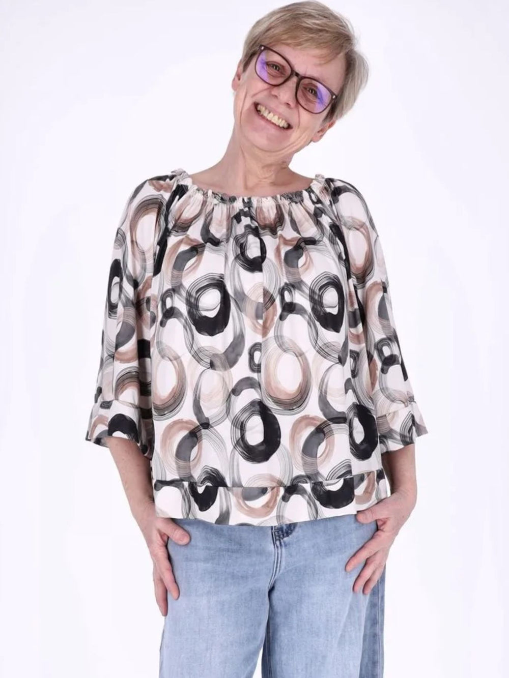 Damen Carmen-Shirt mit Allover-Print und 3/4-Ärmeln – Schwarz