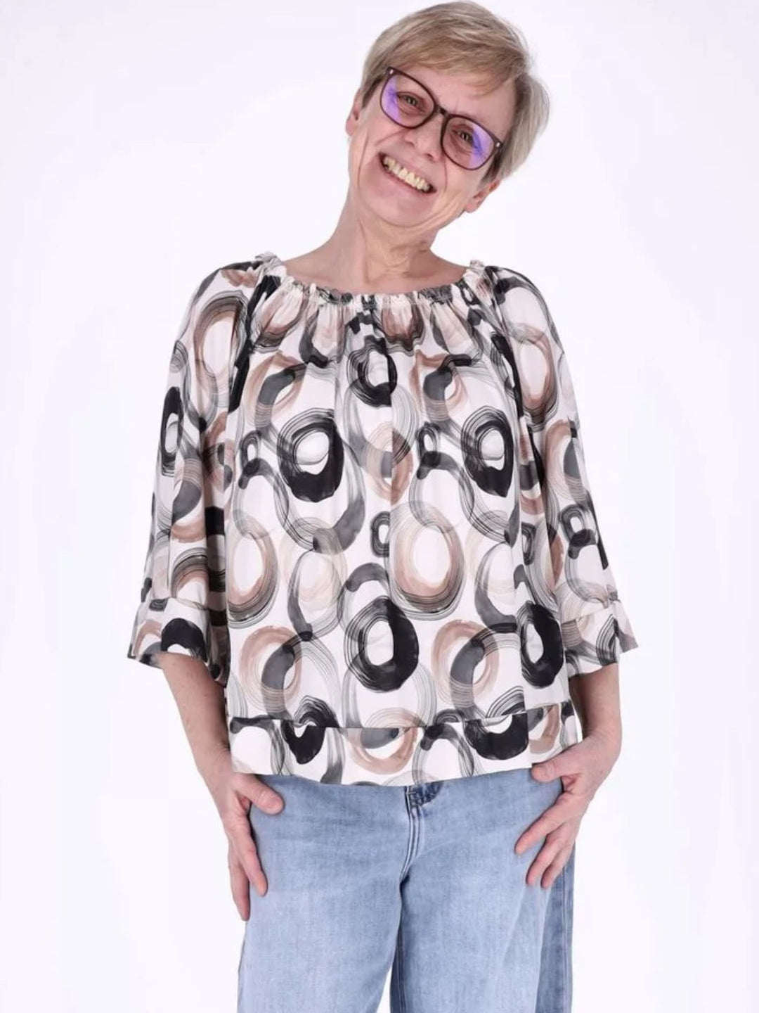 Damen Carmen-Shirt mit Allover-Print und 3/4-Ärmeln – Schwarz