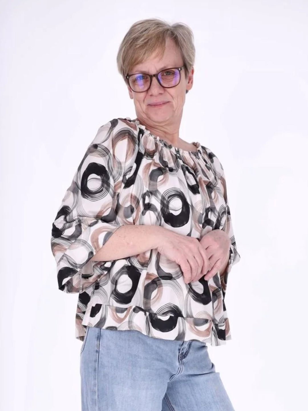 Damen Carmen-Shirt mit Allover-Print und 3/4-Ärmeln – Schwarz