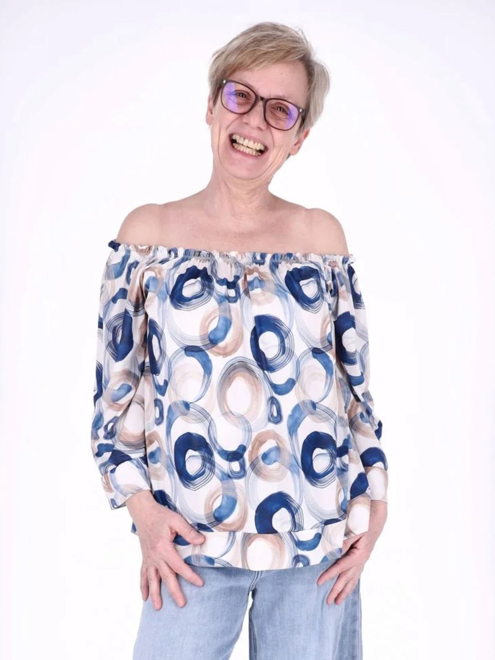 Damen Carmen-Shirt mit Allover-Print und 3/4-Ärmeln – Navy