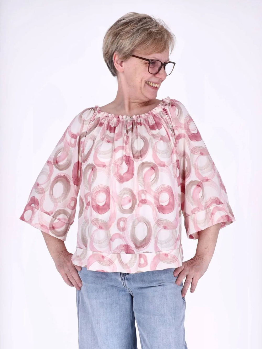 Damen Carmen-Shirt mit Allover-Print und 3/4-Ärmeln – Rosa