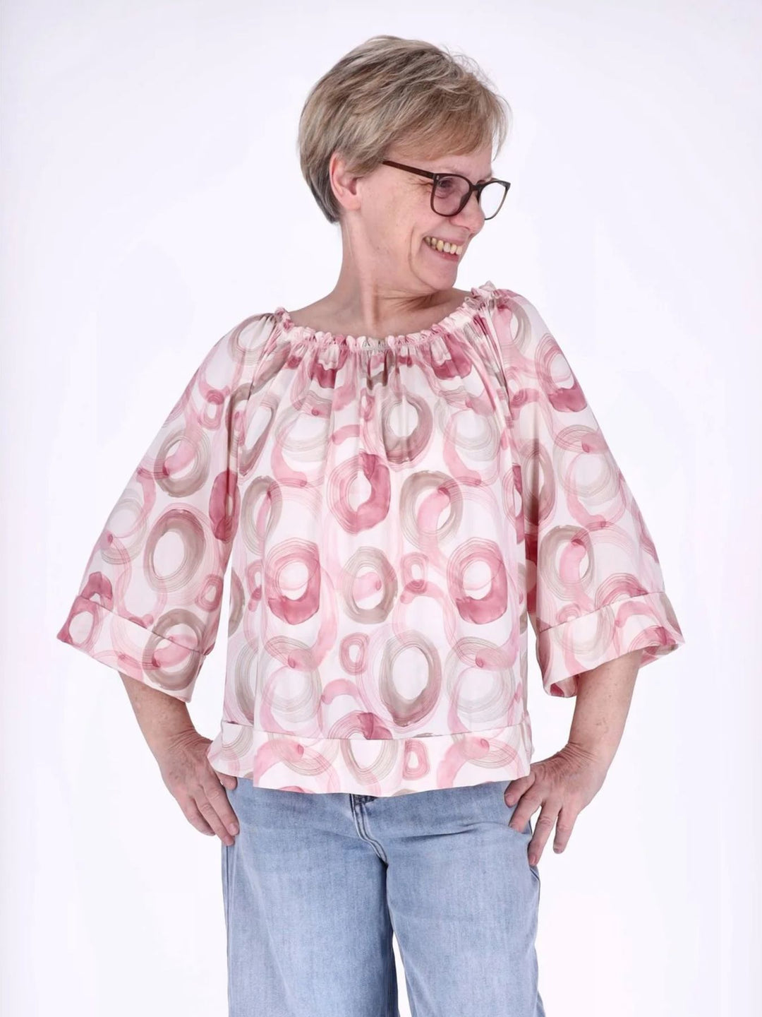 Damen Carmen-Shirt mit Allover-Print und 3/4-Ärmeln – Rosa