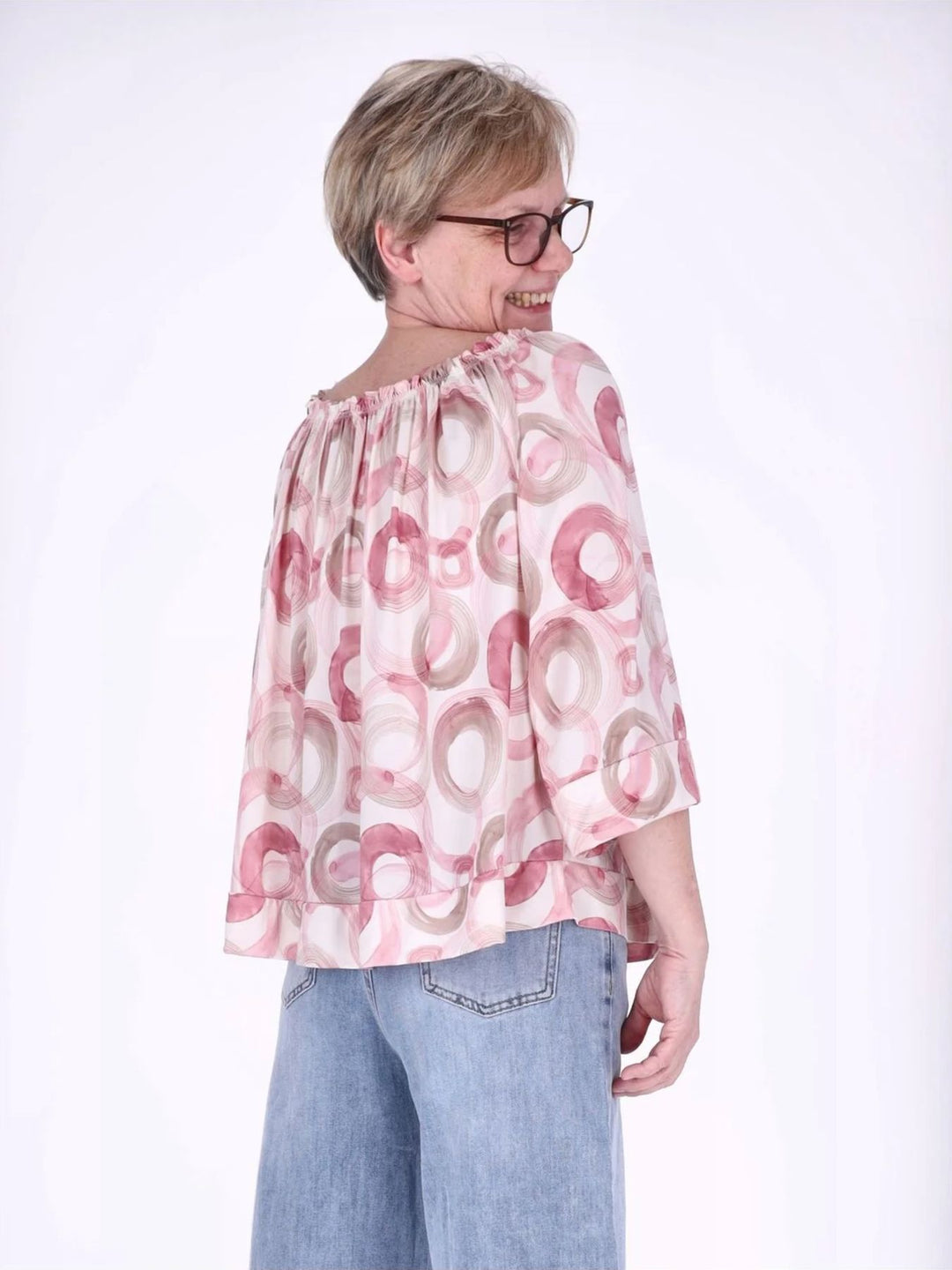 Damen Carmen-Shirt mit Allover-Print und 3/4-Ärmeln – Rosa