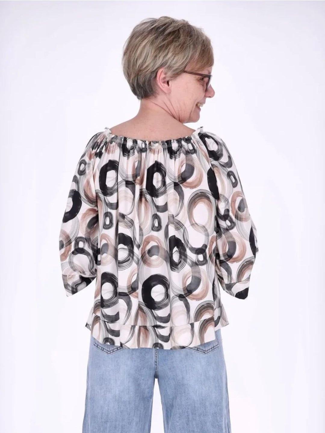 Damen Carmen-Shirt mit Allover-Print und 3/4-Ärmeln – Schwarz