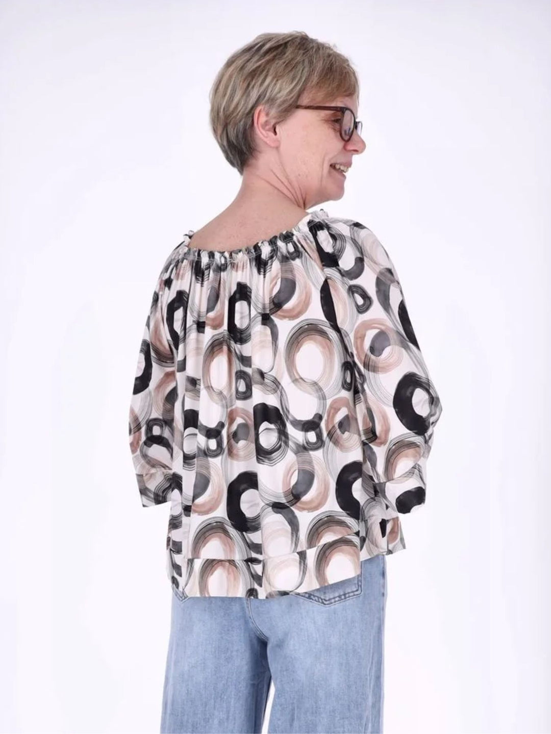 Damen Carmen-Shirt mit Allover-Print und 3/4-Ärmeln – Schwarz