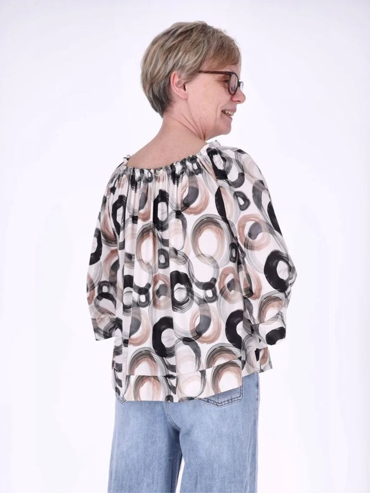 Damen Carmen-Shirt mit Allover-Print und 3/4-Ärmeln – Schwarz