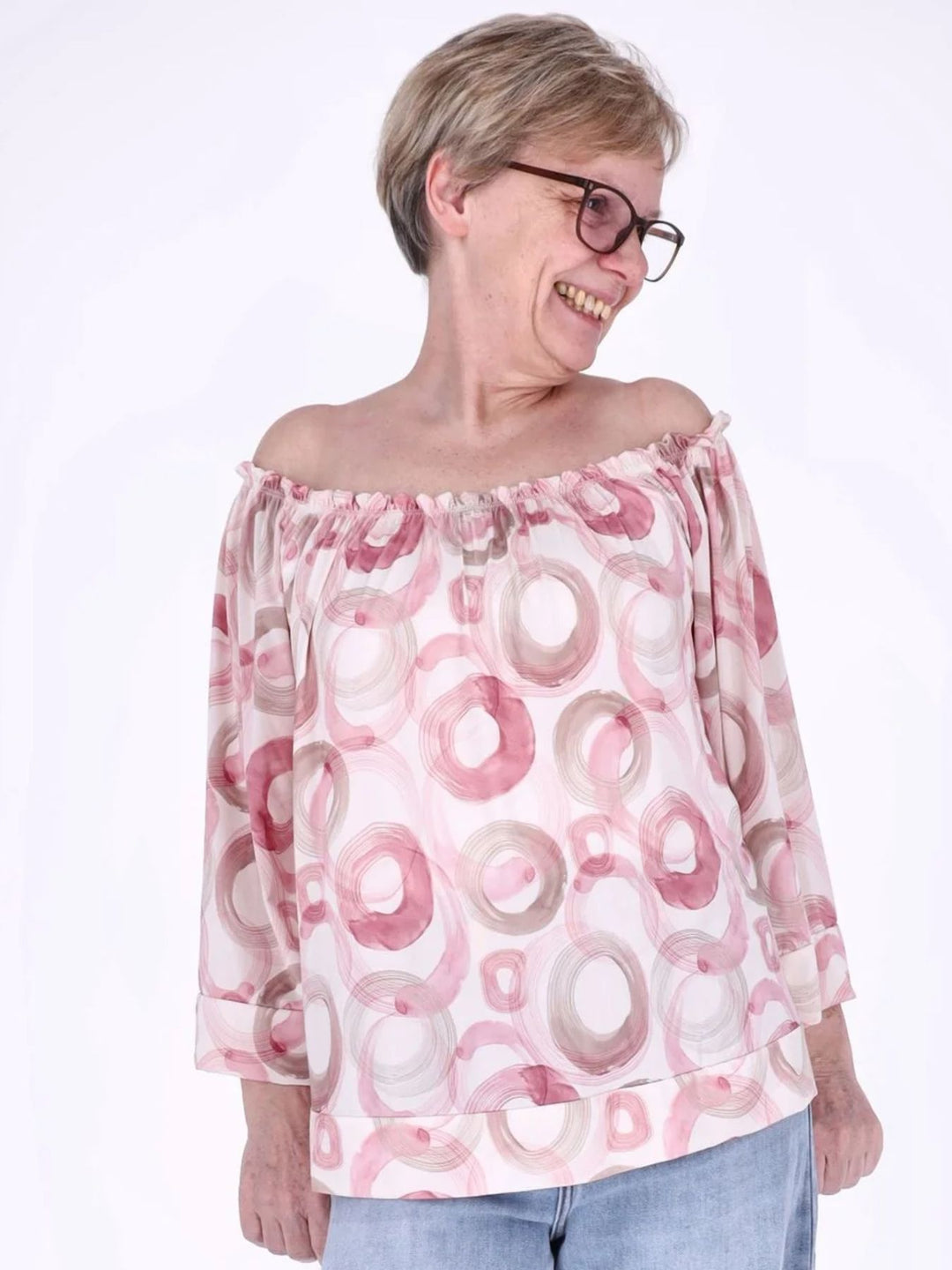 Damen Carmen-Shirt mit Allover-Print und 3/4-Ärmeln – Rosa