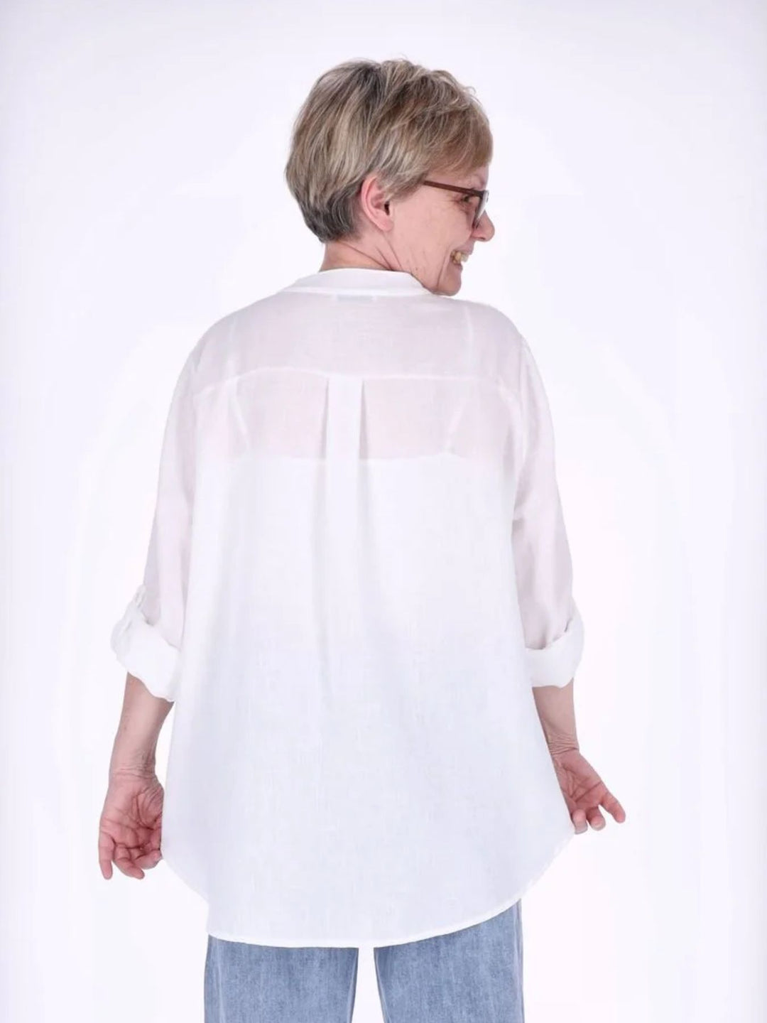 Damen Blusenshirt aus Viskose mit Krempelärmeln und Knopfleiste – Weiß