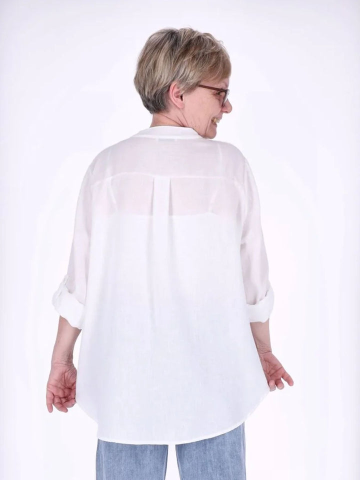 Damen Blusenshirt aus Viskose mit Krempelärmeln und Knopfleiste – Weiß