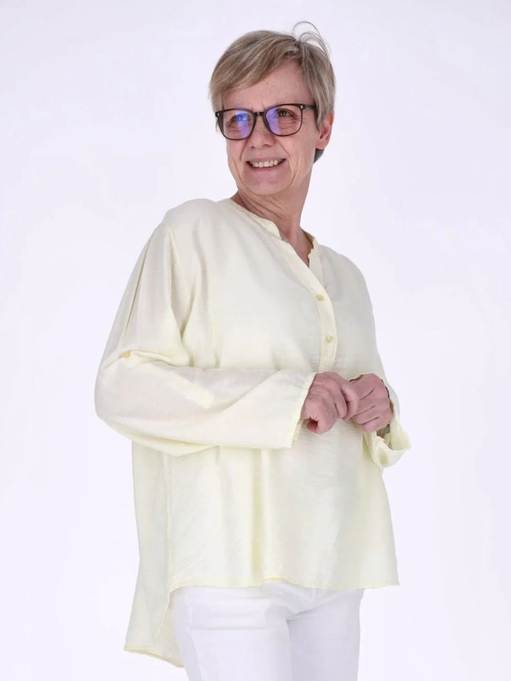 Damen Blusenshirt aus Viskose mit Krempelärmeln und Knopfleiste – Hellgelb