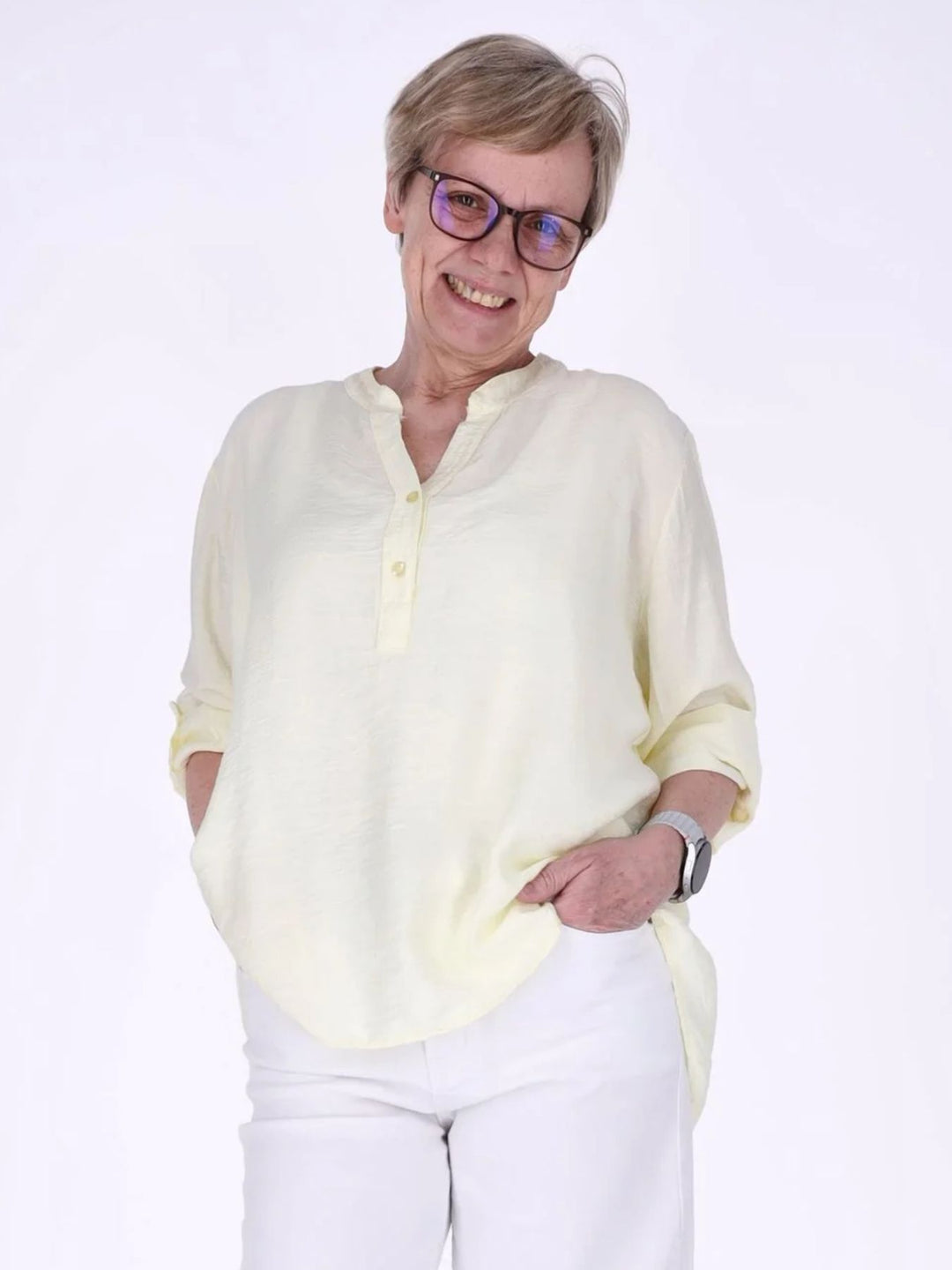 Damen Blusenshirt aus Viskose mit Krempelärmeln und Knopfleiste – Hellgelb