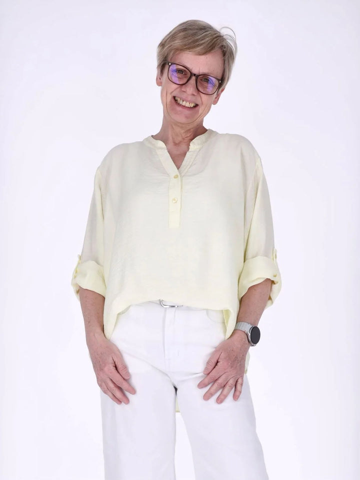 Damen Blusenshirt aus Viskose mit Krempelärmeln und Knopfleiste – Hellgelb
