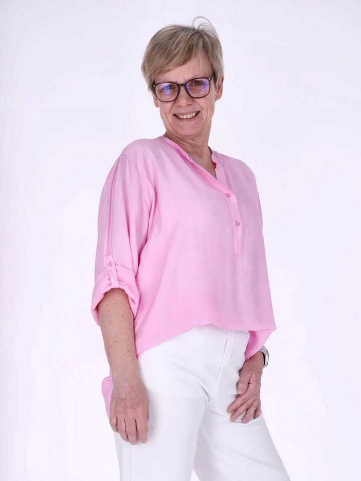 Blusenshirt Damen Krempelarm Viskose kurze Knopfleiste