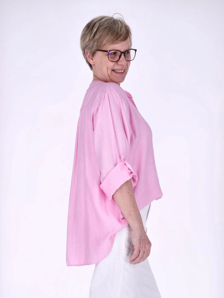 Blusenshirt Damen Krempelarm Viskose kurze Knopfleiste