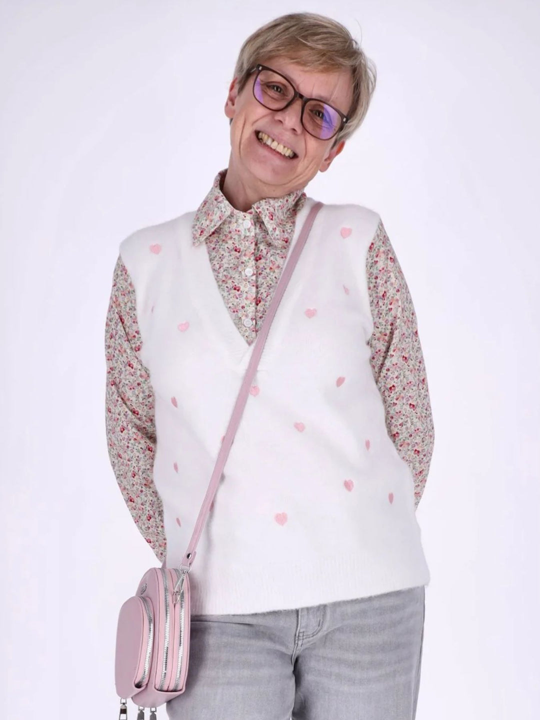 Damen 2-in-1 Strick-Pullunder mit Bluse und Herzmuster – Weiß