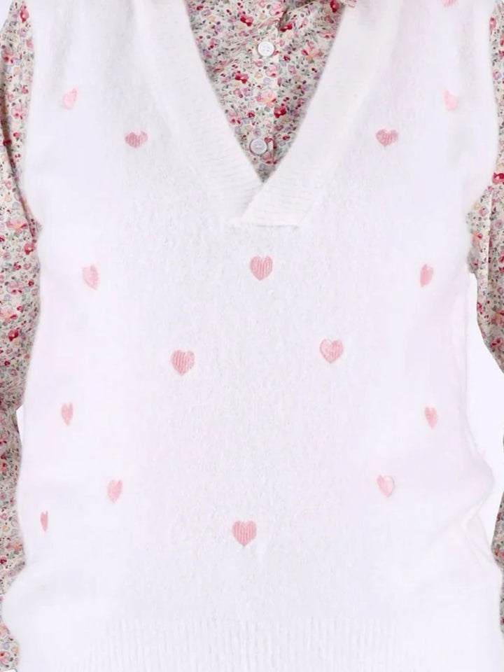 Damen 2-in-1 Strick-Pullunder mit Bluse und Herzmuster – Weiß