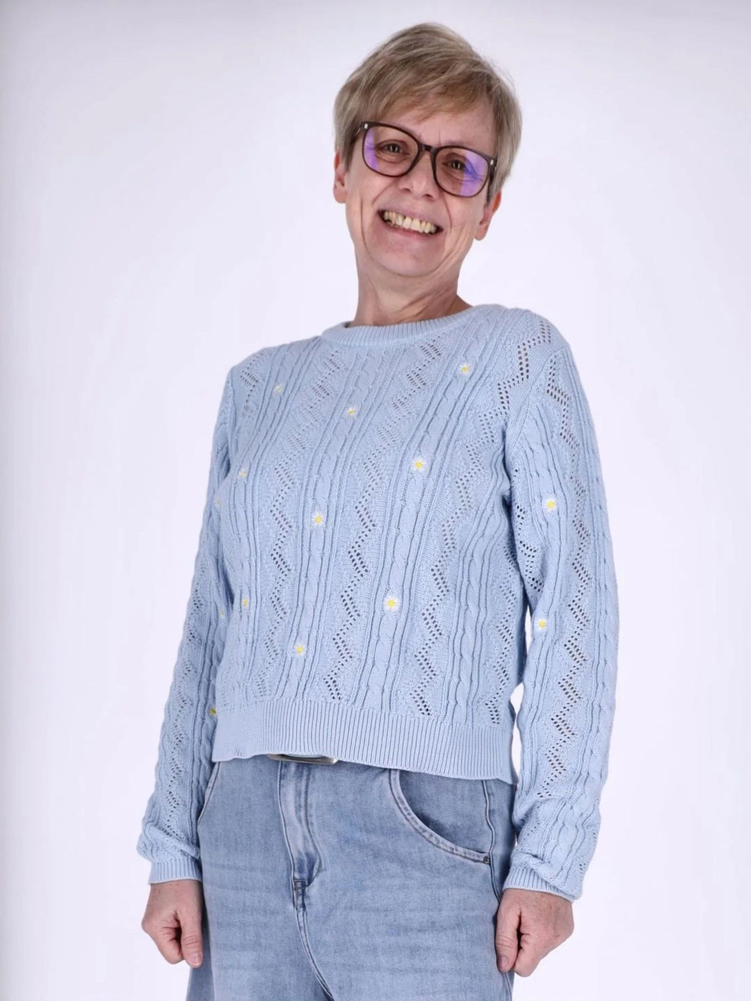 Damen Strickpullover mit Stickerei und Rippbündchen
