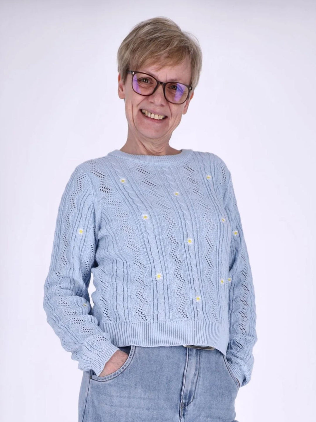 Damen Strickpullover mit Stickerei und Rippbündchen