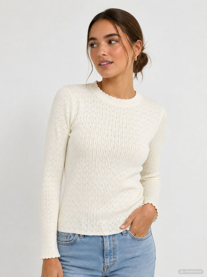 Damen-Feinstrickpullover mit Lochmuster in Offwhite (LS V SK El44sa)