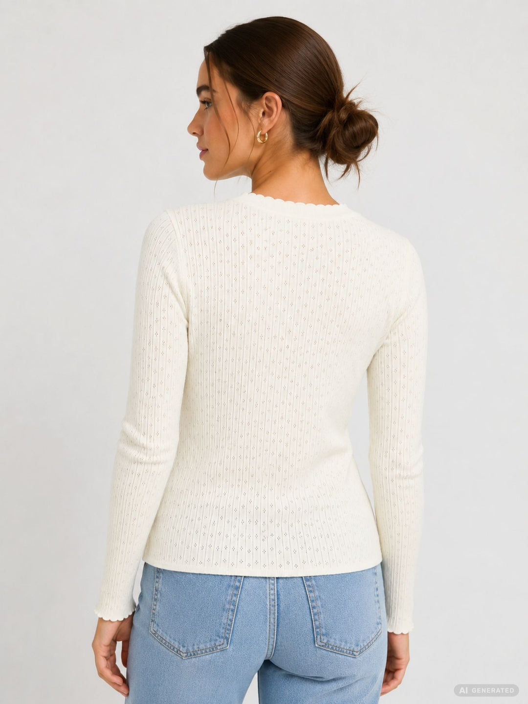 Damen-Feinstrickpullover mit Lochmuster in Offwhite (LS V SK El44sa)