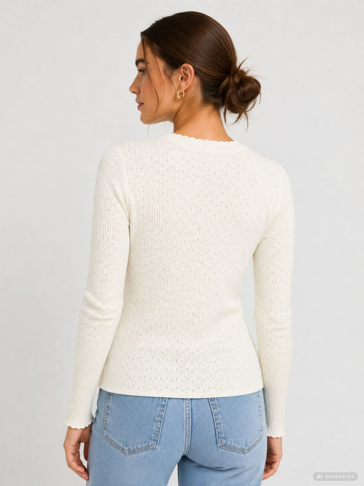 Damen-Feinstrickpullover mit Lochmuster in Offwhite (LS V SK El44sa)