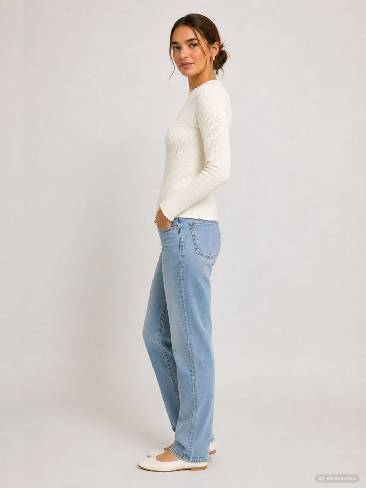 Damen-Feinstrickpullover mit Lochmuster in Offwhite (LS V SK El44sa)