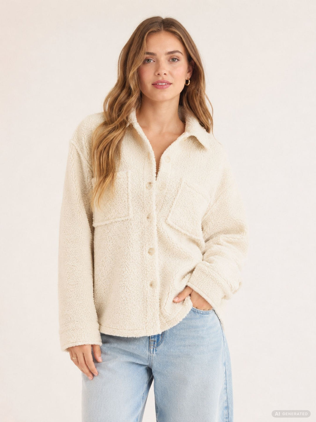 Damen-Teddyjacke mit Knopfleiste in Creme (LS P BL Be44nte)
