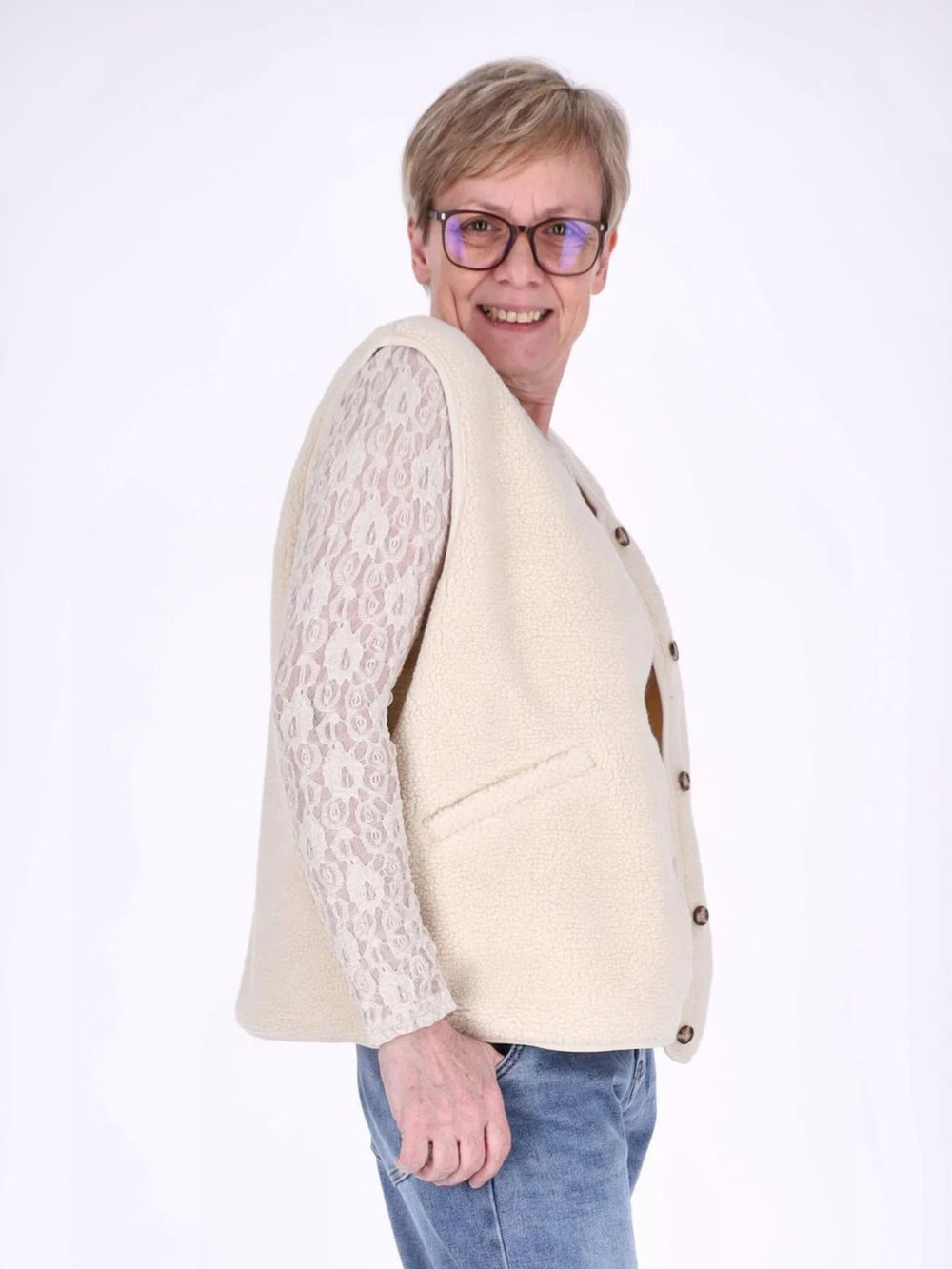 Beige Weste mit Knopfleiste und Rippstruktur