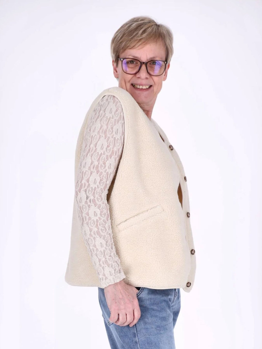 Beige Weste mit Knopfleiste und Rippstruktur