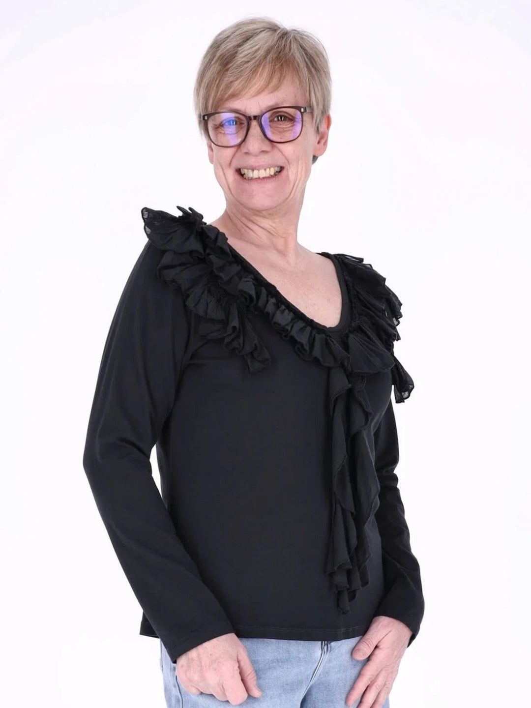 Damen Shirt mit Rüschen und V-Ausschnitt – feminin & vielseitig