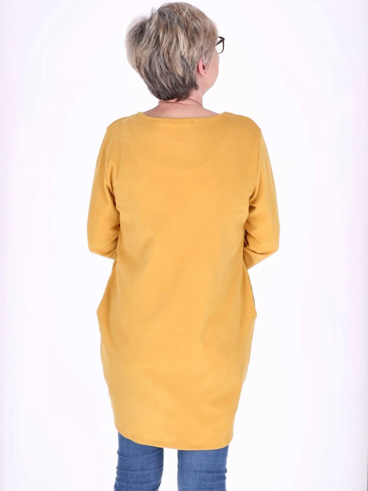 Gelbes Damen Kleid mit Seitentaschen & Rundhalsausschnitt