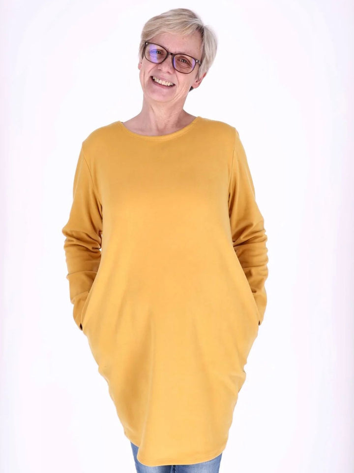 Gelbes Damen Kleid mit Seitentaschen & Rundhalsausschnitt