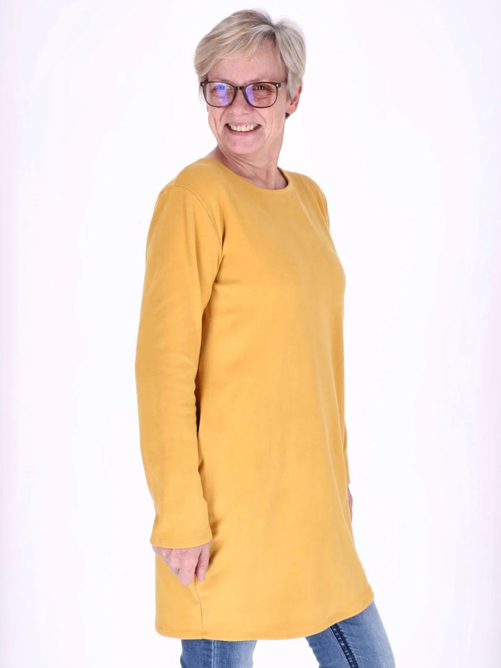 Gelbes Damen Kleid mit Seitentaschen & Rundhalsausschnitt