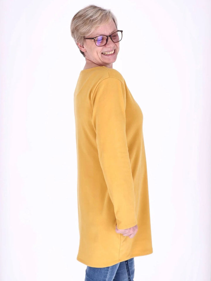 Gelbes Damen Kleid mit Seitentaschen & Rundhalsausschnitt