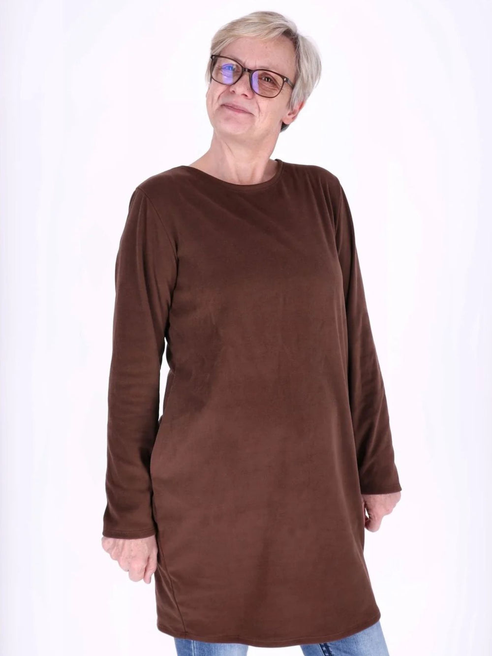 Braunes Damen Kleid mit Seitentaschen & Rundhalsausschnitt