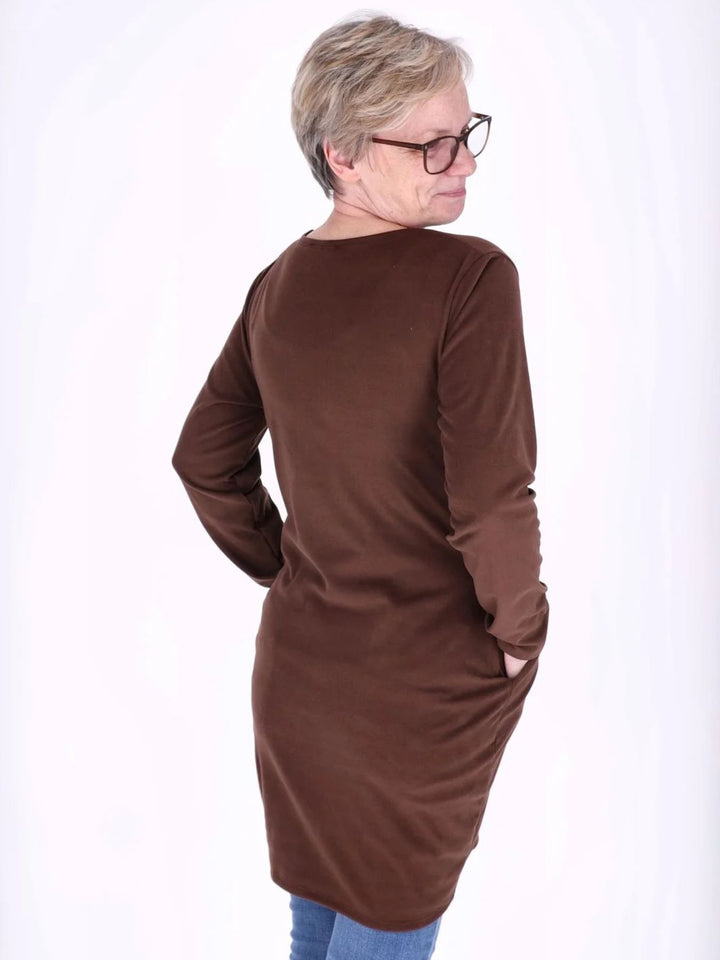 Braunes Damen Kleid mit Seitentaschen & Rundhalsausschnitt