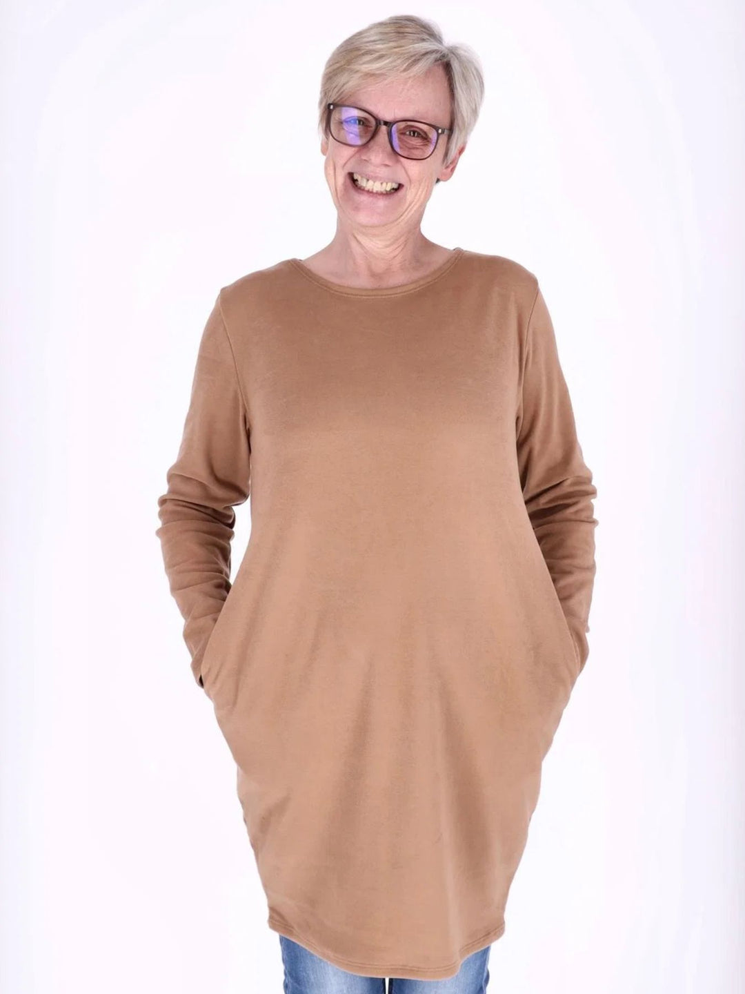 Beiges Damen Kleid mit Seitentaschen & Rundhalsausschnitt