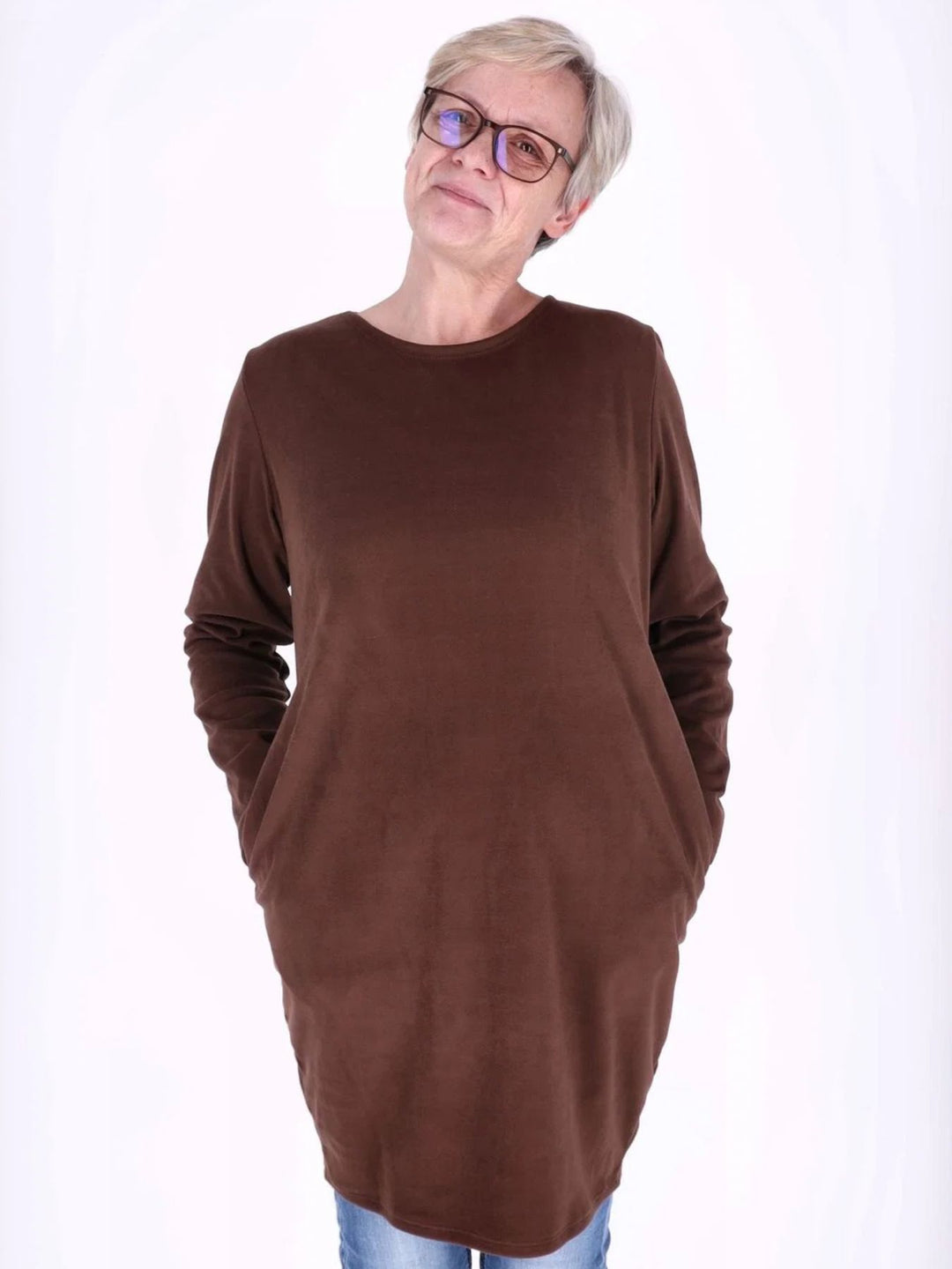Braunes Damen Kleid mit Seitentaschen & Rundhalsausschnitt