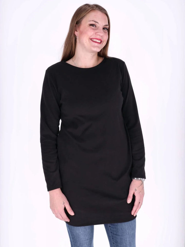 Schwarzes Damen Kleid mit Seitentaschen & Rundhalsausschnitt
