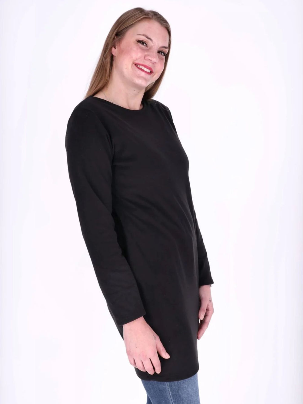 Schwarzes Damen Kleid mit Seitentaschen & Rundhalsausschnitt